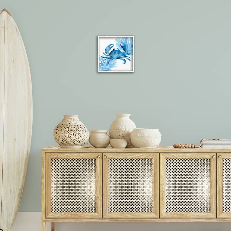 Stupell Blue Tone Crab & Coral Framed Giclee Art Design By Cat Thurman Designs