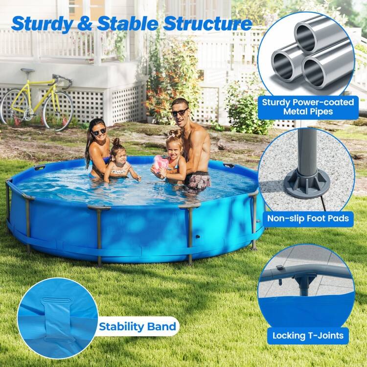 Blue-Grey PVC Metal Family Outdoor Ground Swimming Pool with Drain and Sturdy Frame