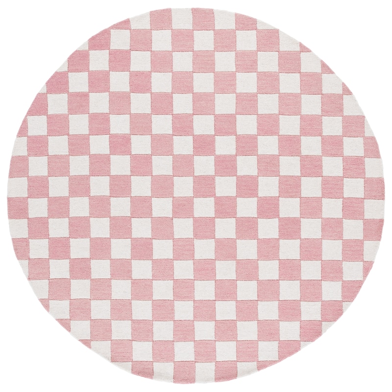 SAFAVIEH Handmade Ebony Gulnur Farmhouse Checkered Wool Rug - 6' Round - Pink/Ivory