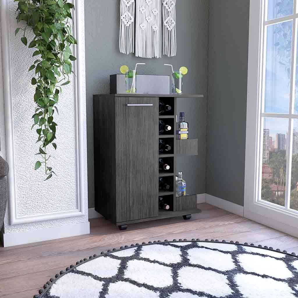 Bar Cart, Four Casters, Six Wine Cubbies, Single Door Cabinet