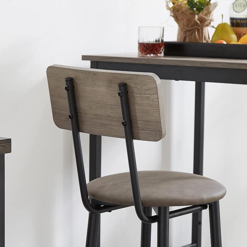 3 Pieces Bar Table and 2 Chairs Set, Industrial Style Bar Stools PU Upholstery Seat with Backrest