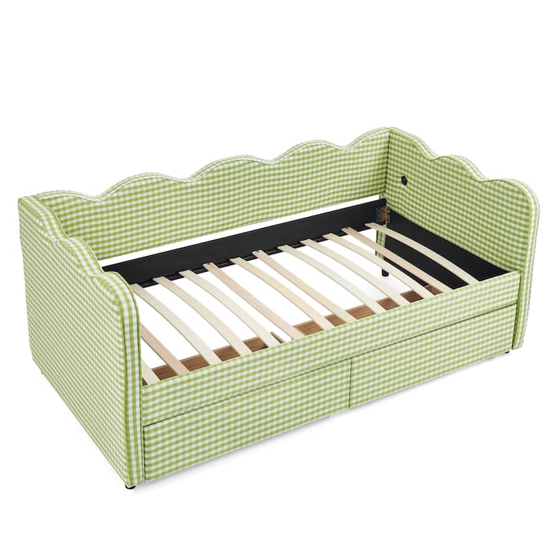 Twin Size Gingham Linen Upholstered Daybed with 2 Storage Drawers, USB Charging Station & Waved Arms