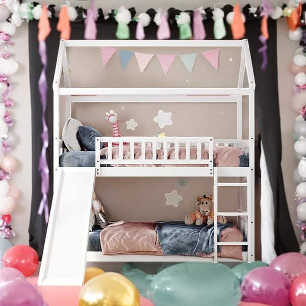 slide 2 of 22, Multifunction Twin Over Twin Bunk Bed House Bed With Slide White
