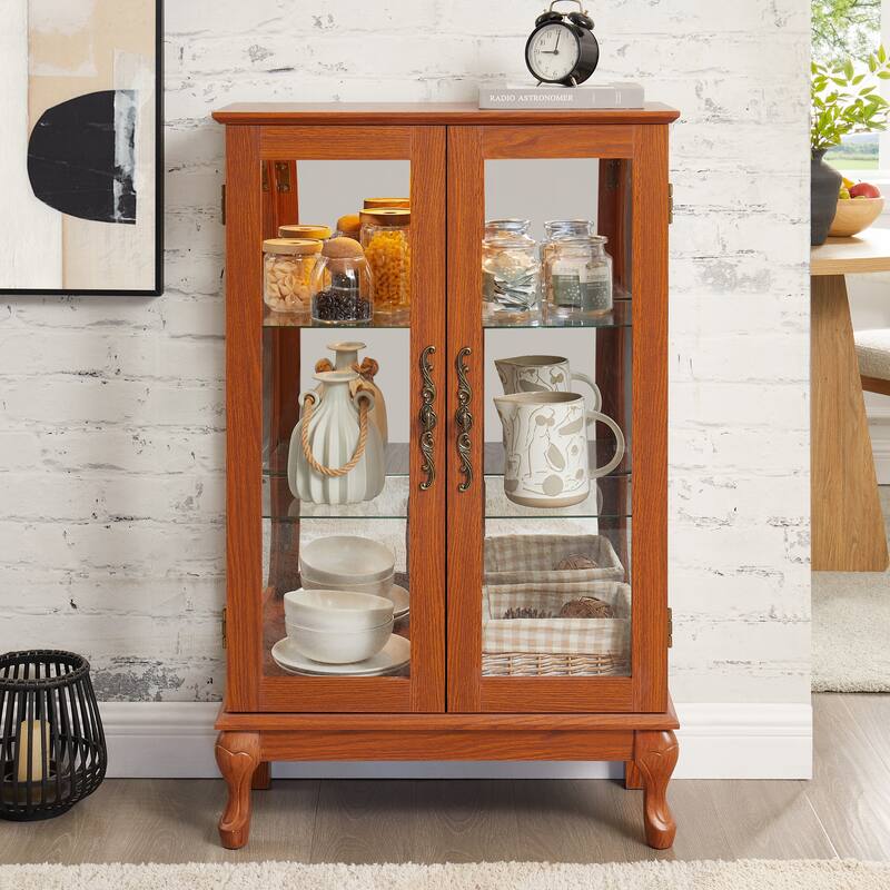 2-Door Curio Cabinet - Tempered Glass, Mirrored Back, Adjustable Shelves & Built-In Lighting (Bulb Included)‌