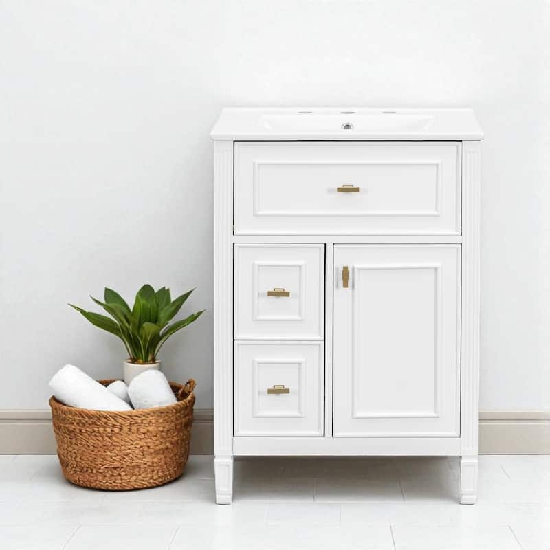 24" Bathroom Vanity with Sink, Flip Drawer and Storage Cabinet, Ceramic Top, Solid Wood Frame and Soft Close Design