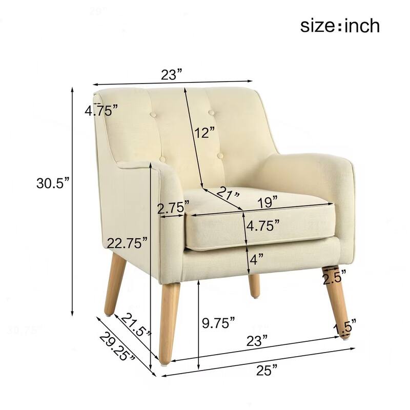 Mid-Century Modern Armchair with Tufted Fabric and Solid Wood Legs for Various Rooms
