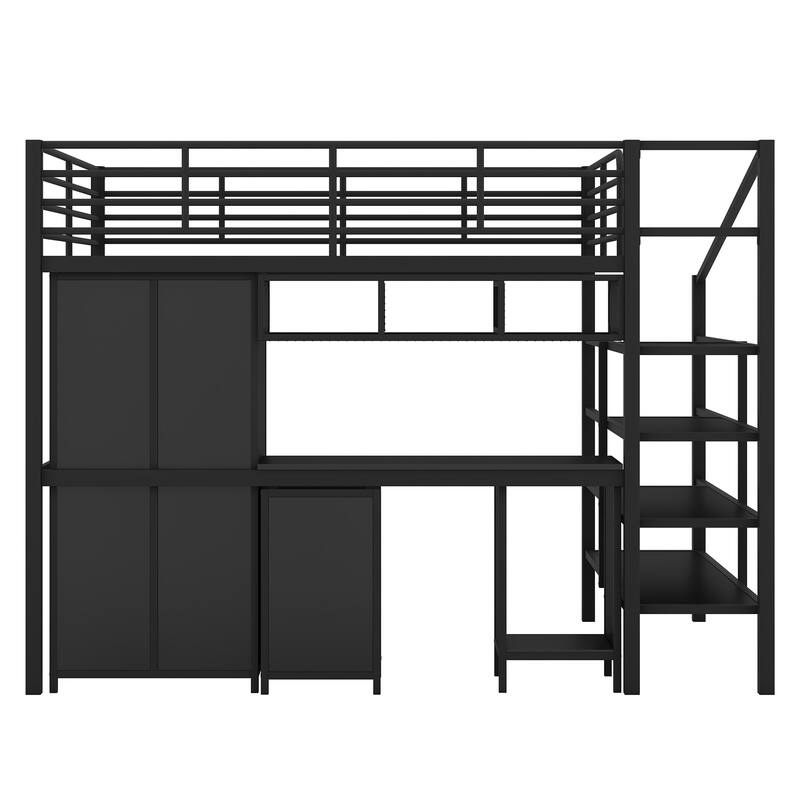Roomfitters Full Size Metal Loft Bed Frame with Table Set and Wardrobe Storage, Black