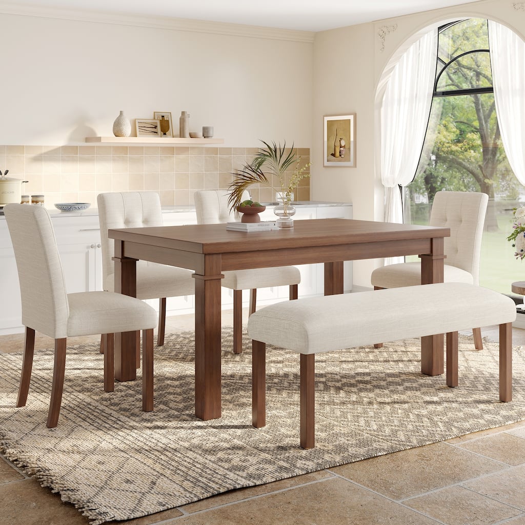 6-Piece Modern Dining Set, Rectangle Kitchen Table With 4 Upholstered Chairs & Bench