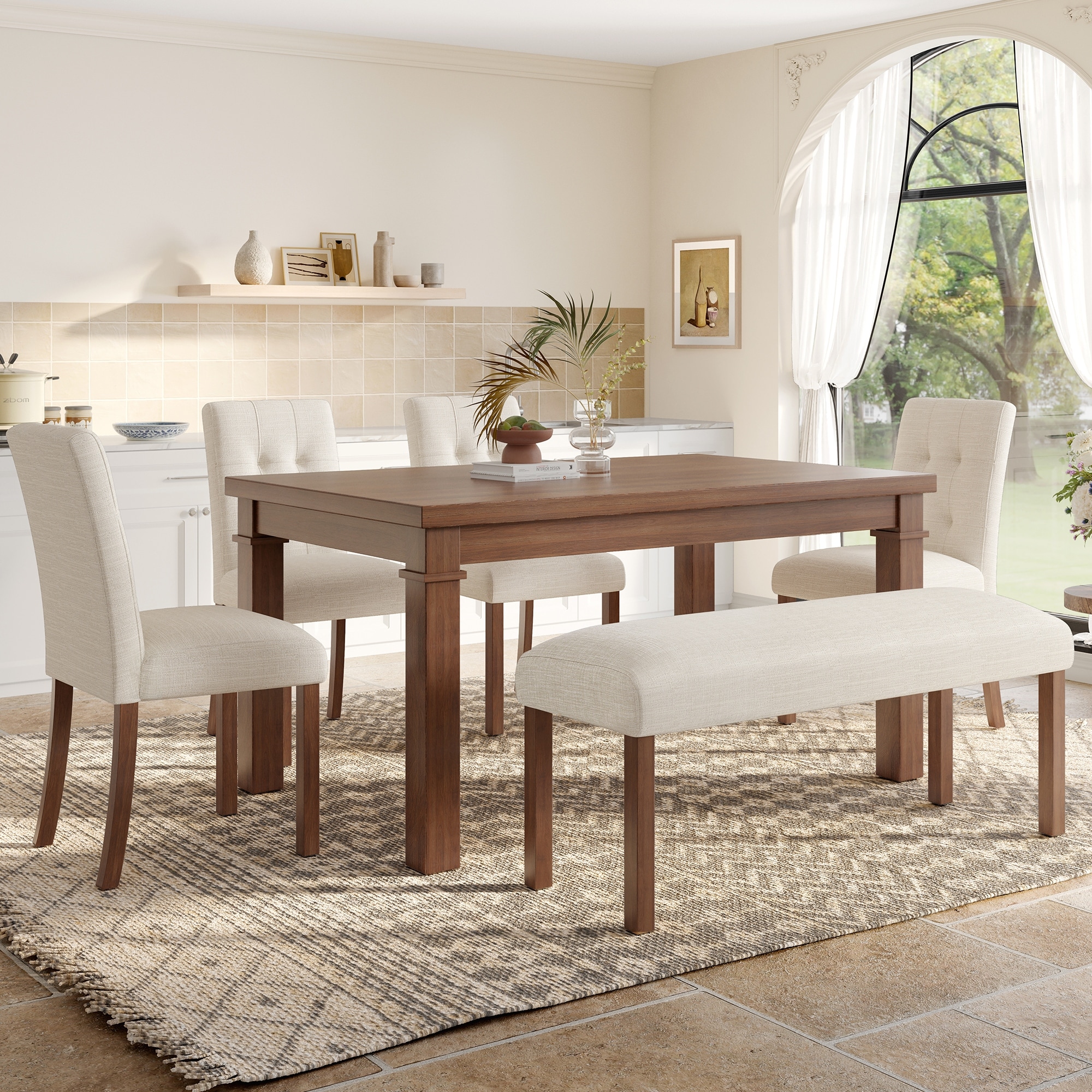 6-Piece Modern Dining Set, Rectangle Kitchen Table With 4 Upholstered Chairs & Bench