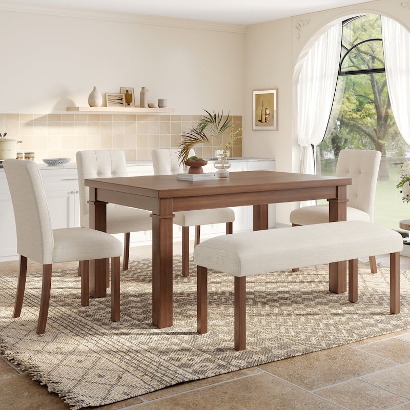 6 Piece Solid Wood Dining Table Set with Rectangle Dining Table, 4 Upholstered Chairs and 1 Bench for Dining Room