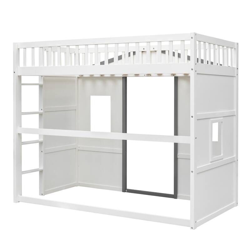 Modern House Bed Twin Size Loft Bed Solid Pine Wood Bed Frame with Door, Windows, Ladder and Safety Guardrails