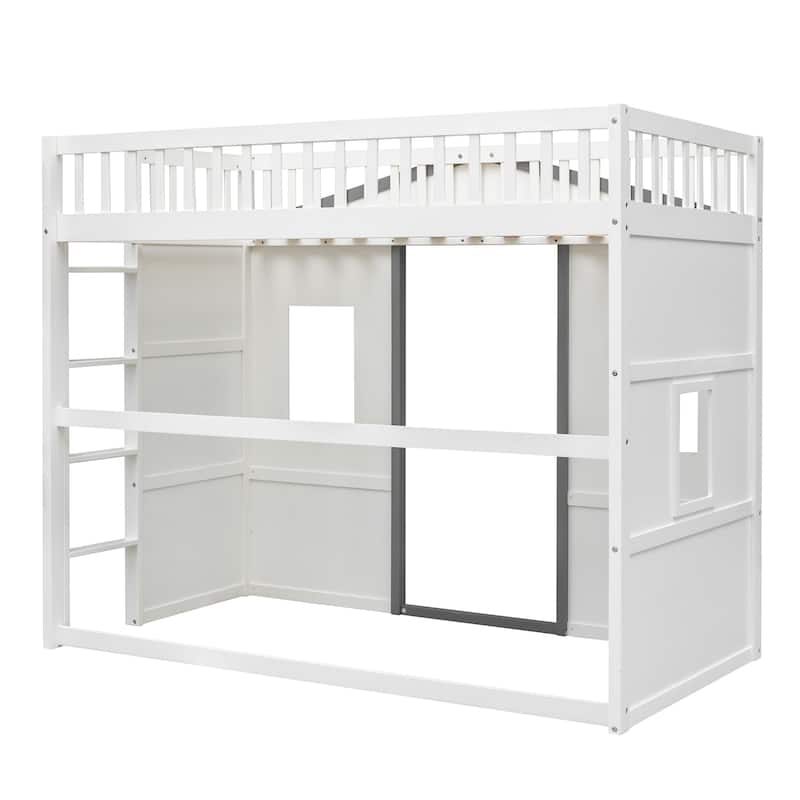 Stylish Wood Twin Loft Bed with Ladder and Guardrails, Space-Saving Design