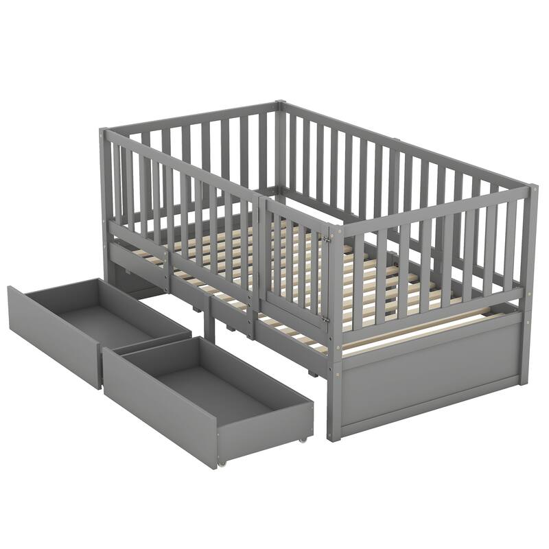 Modern Wood Daybed with Fence Guardrails and 2 Drawers