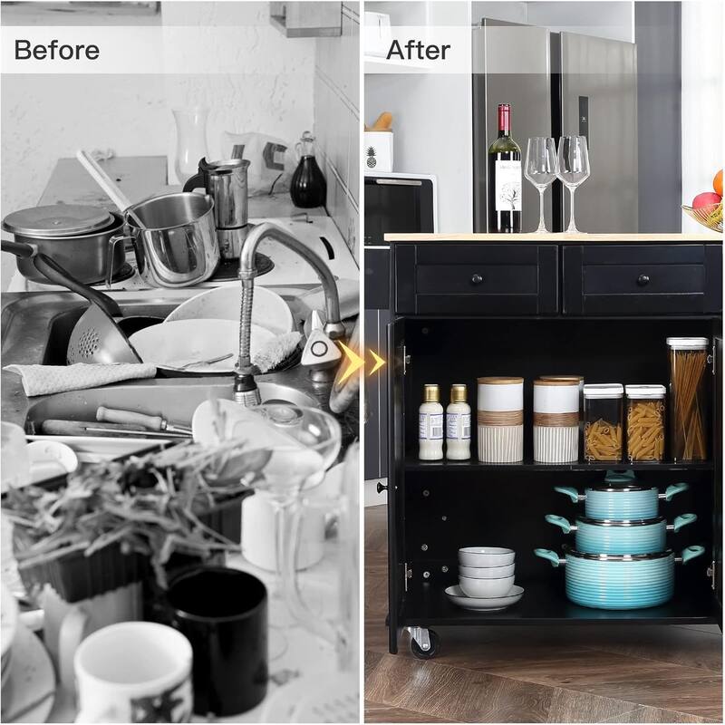 Rolling Kitchen Island with Drop Leaf - Mobile Cart with Wooden Countertop, Spice Rack, Adjustable Shelves & Drawers