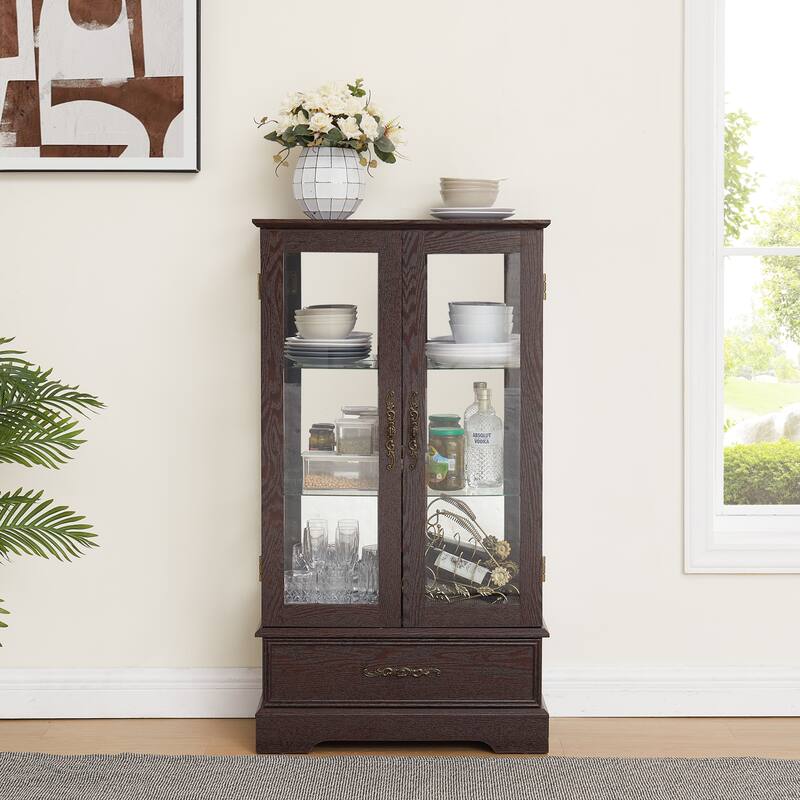 Roomfitters Retro Glass Cabinet Lighted Glass Cabinet Curio Display Cabinet with Adjustable Glass Shelves