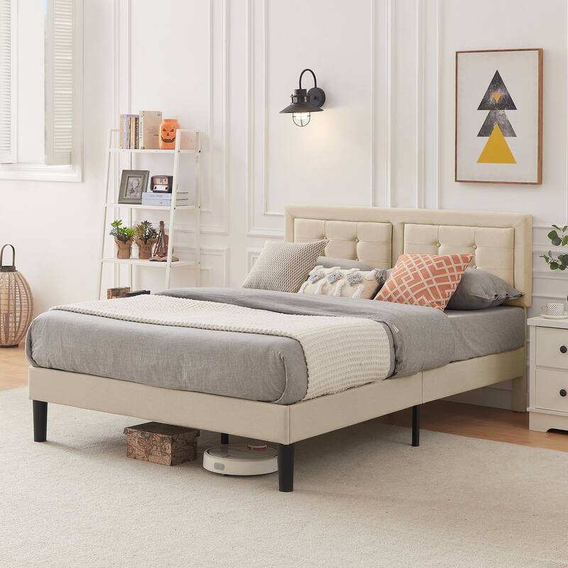 VECELO Bed Frame with Adjustable Headboard Upholstered Button Tufted Platform Bedframe with Wood Slats Support