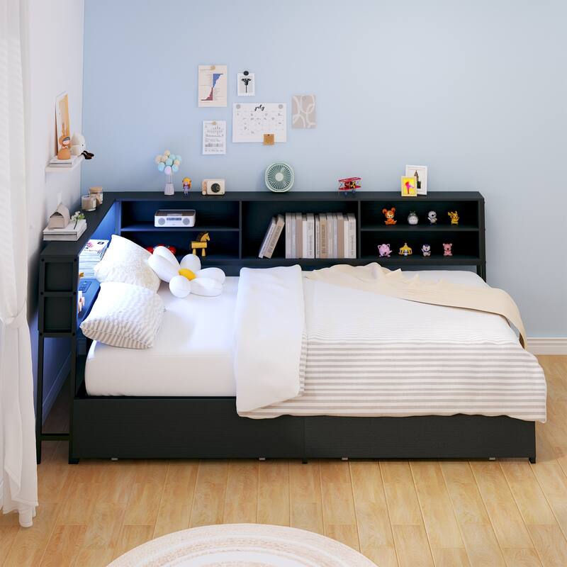 Kids Corner Bed with Storage, Twin/Full Daybed with Drawers, Bookcase Headboard with Charging Station & LED Lights - Black - Twin