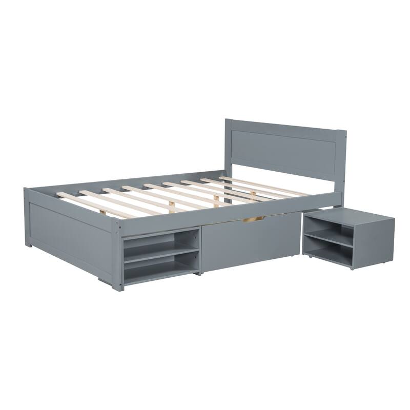 Platform bed with drawers and two shelves
