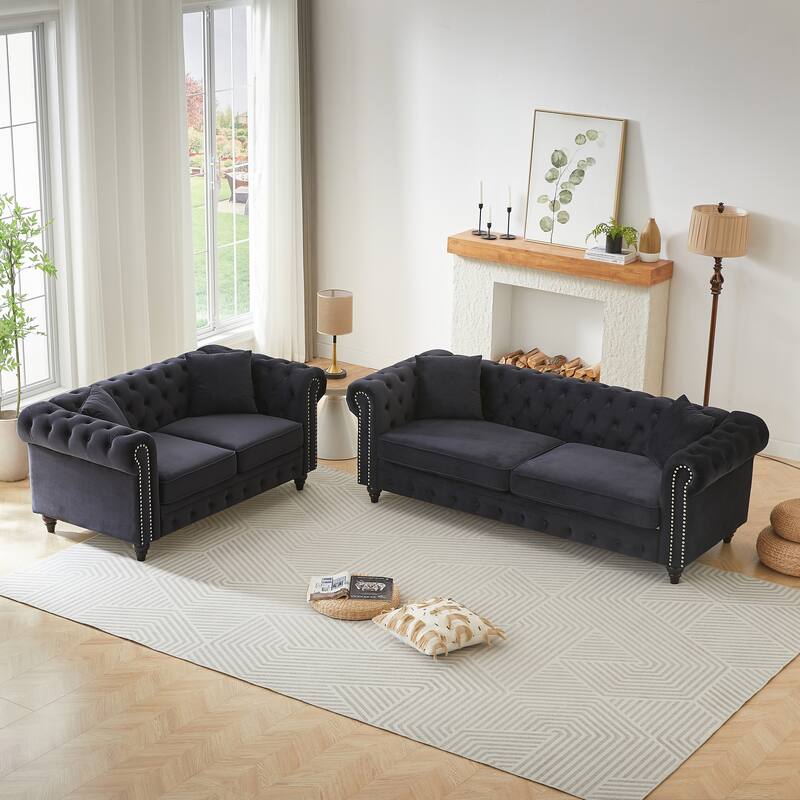 Nailheads Accent Velvet Button Tufted Chesterfield Sofas Set with Deep Seat Loveseat and 3 Seater Lounge Couch for Living Room - Black