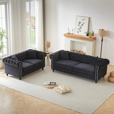 Nailheads Accent Velvet Button Tufted Chesterfield Sofas Set with Deep Seat Loveseat and 3 Seater Lounge Couch for Living Room