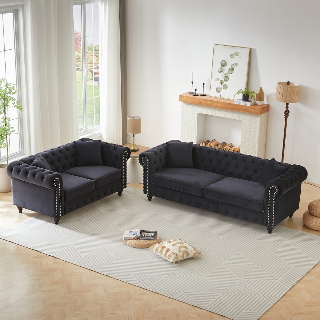 Nailheads Accent Velvet Button Tufted Chesterfield Sofas Set with Deep Seat Loveseat and 3 Seater Lounge Couch for Living Room