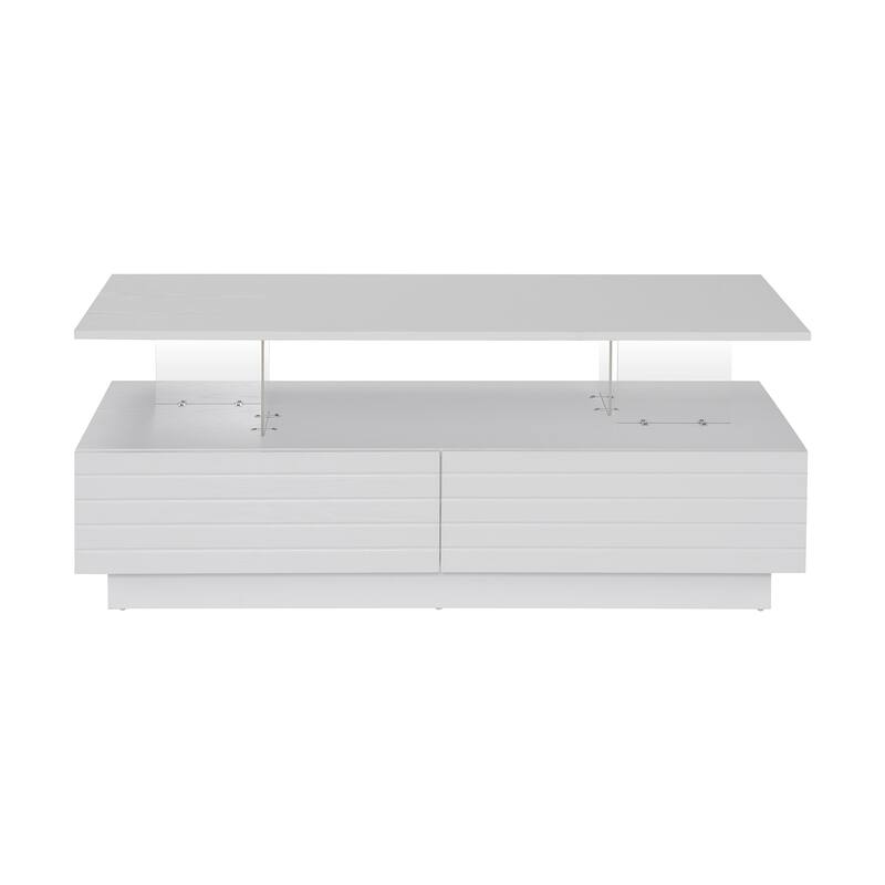 Modern White Rectangular LED Lights Coffee Table with 2 Drawers