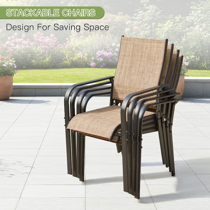 Patio Dining Set with Textilene Chairs / Swivel Rockers, Table w Adjustable Umbrella Hole