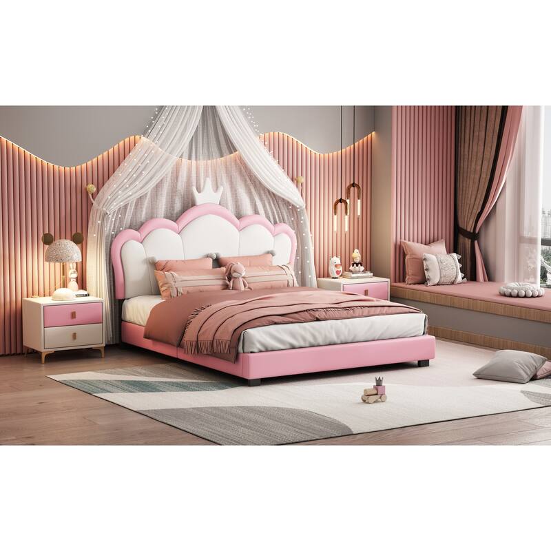 Upholstered Princess Bed With Crown Headboard, Platform Bed with Headboard and Footboard