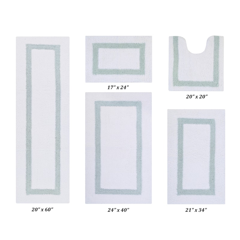 Better Trends Hotel Collection in Race Track 100% Cotton Super Absorbent Reversible Double Sided Machine Washable Bath Mat Rug - 5 PC Set 17"x24"|20"x20"|21"x34"|24"x40"|20"x60" - White & Blue