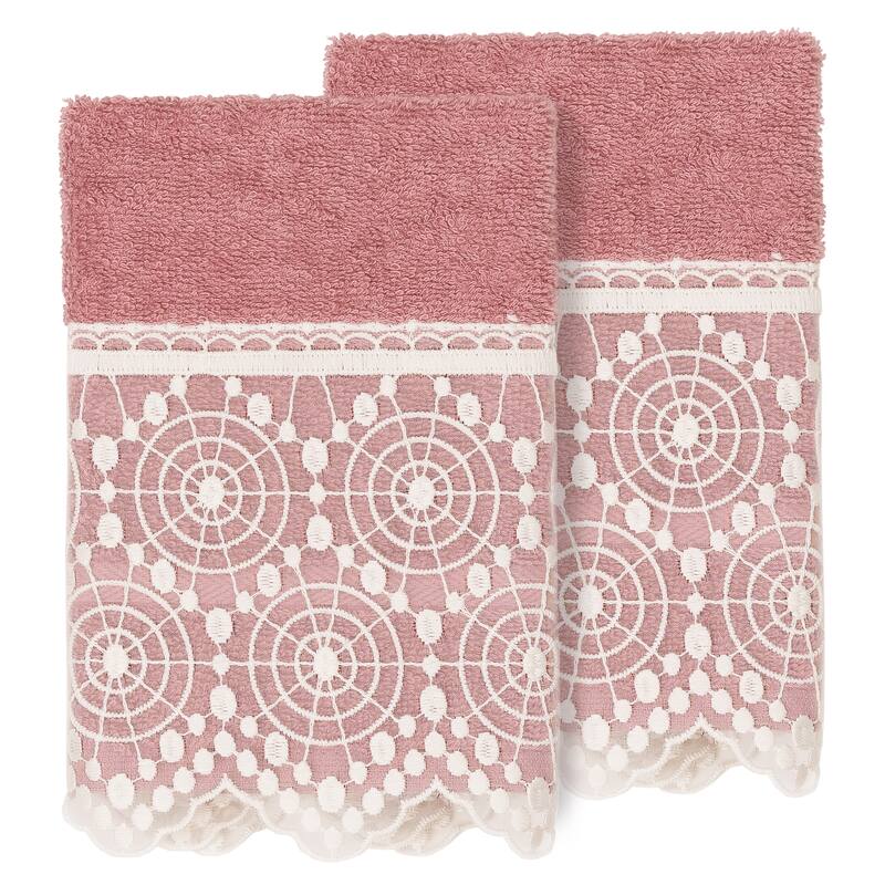 Authentic Hotel and Spa 100% Turkish Cotton Arian 2PC Cream Lace Embellished Washcloth Set - Tea Rose
