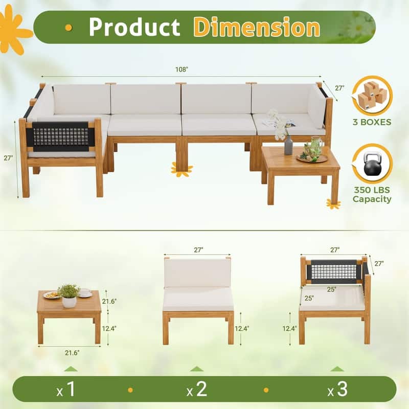Furniwell Acacia Wood Patio Conversation Set Rope Woven Outdoor Sectional Sofa with Table and Cream Cushions