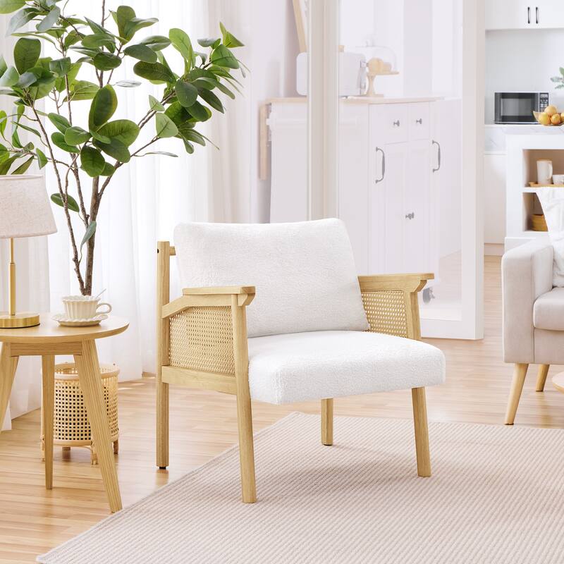 Yaheetech Upholstered Accent Chair Boucle Lounge Chair with Rattan Back and Sides - White