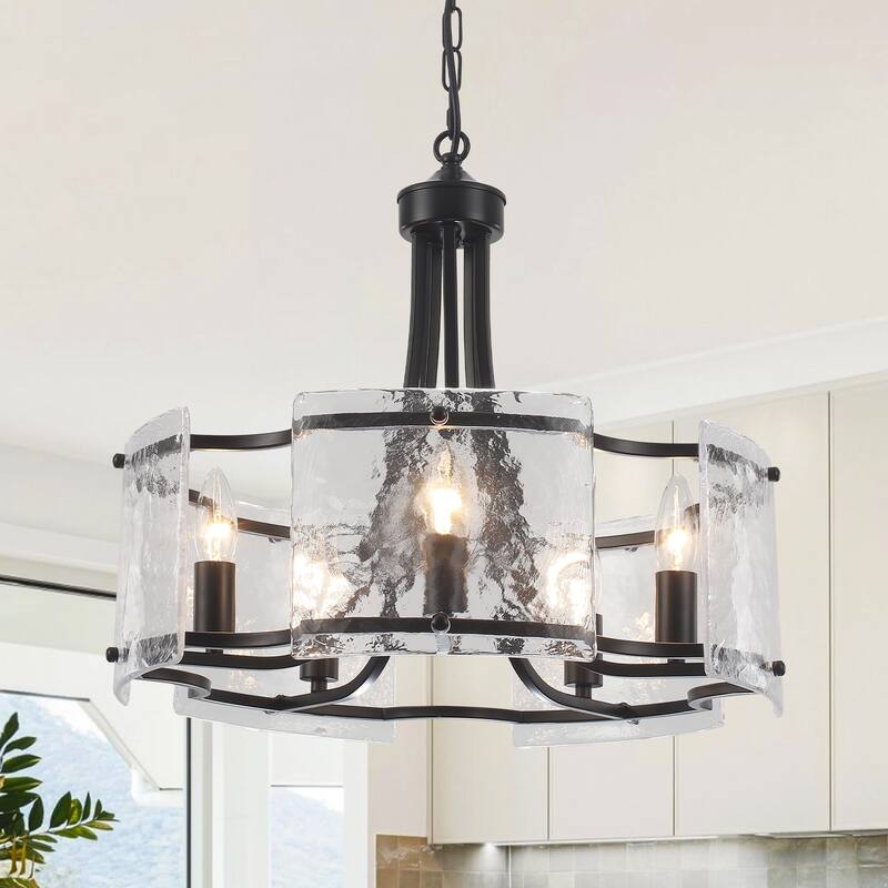 18.9inch Modern Simple Design 5 light Pendant With Flower Metal Frame And Water Ripple Glass Decorative Piece for Multiple Rooms - Black