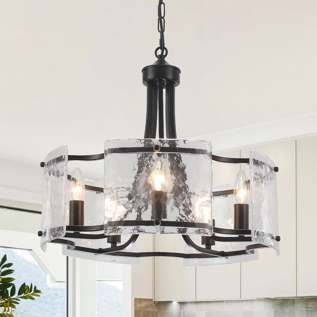 18.9inch Modern Simple Design 5 light Pendant With Flower Metal Frame And Water Ripple Glass Decorative Piece for Multiple Rooms