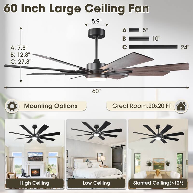 60" Matte Black Large Windmill Farmhouse Integrated LED Ceiling Fan with Light and Remote - 60"Wx12.8"H