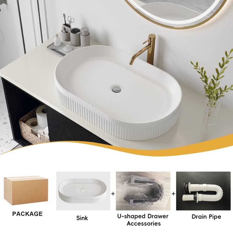 39.4"Wall-Mounted Bathroom Vanity with Ceramic Sink Floating Vanity Multi-Layer Cabinet Soft-Close Drawers Open Shelf Storage