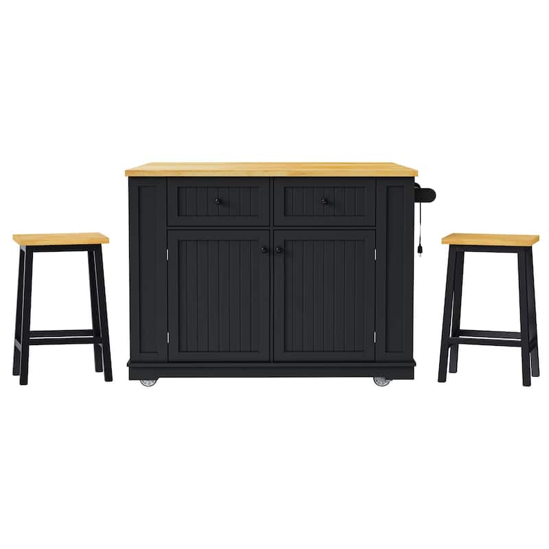 48inch Large Kitchen Island with 2 Bar Stools, Power Outlet, Door Internal Storage Rack, Kitchen Storage cart with Drop Leaf