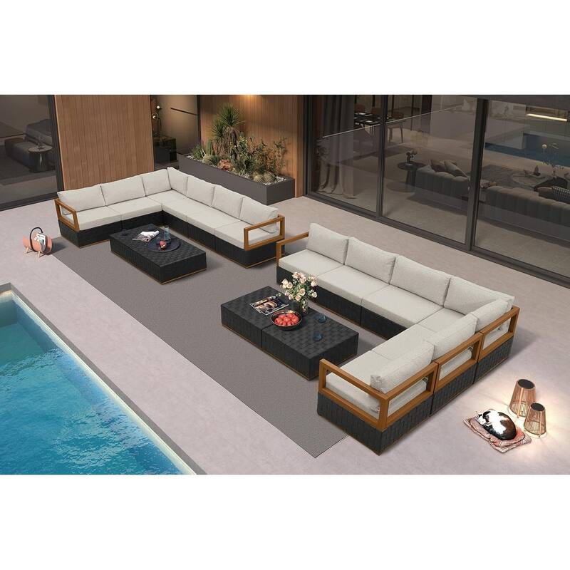 PURPLE LEAF GLFSF Outdoor sofas Black sofa with white seat for Yard Porch Deck Patio Conversation Sets - 12seats+4 Tables/L-shaped