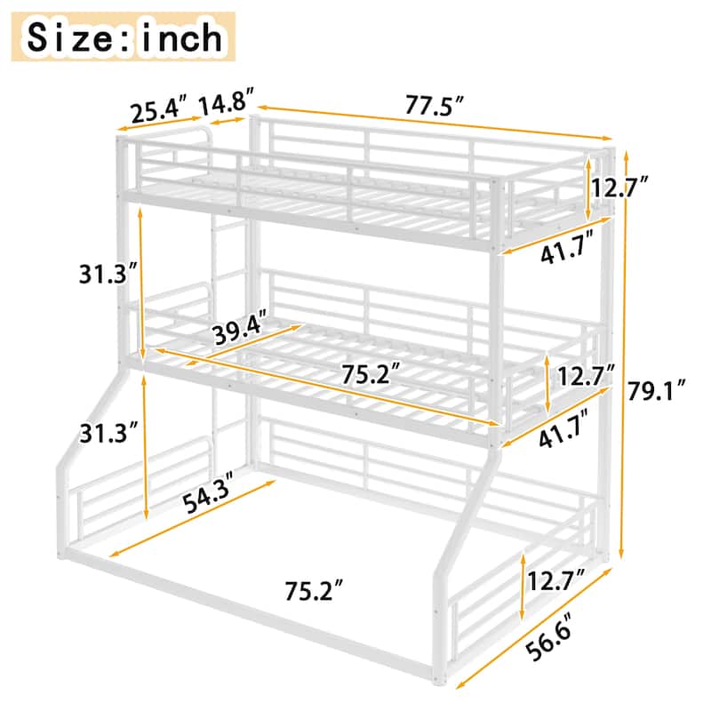 GDFStudio - Fillip Metal Triple Bunk Bed with Guardrails & Noise-Reduced Heavy-Duty Frame