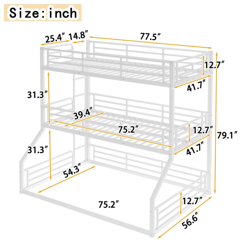 Twin over Twin over Full Bunk Bed, Metal Triple Bunk Bed with Safety Guardrails, Heavy-duty Bunk Bed with Noise-reduced Design
