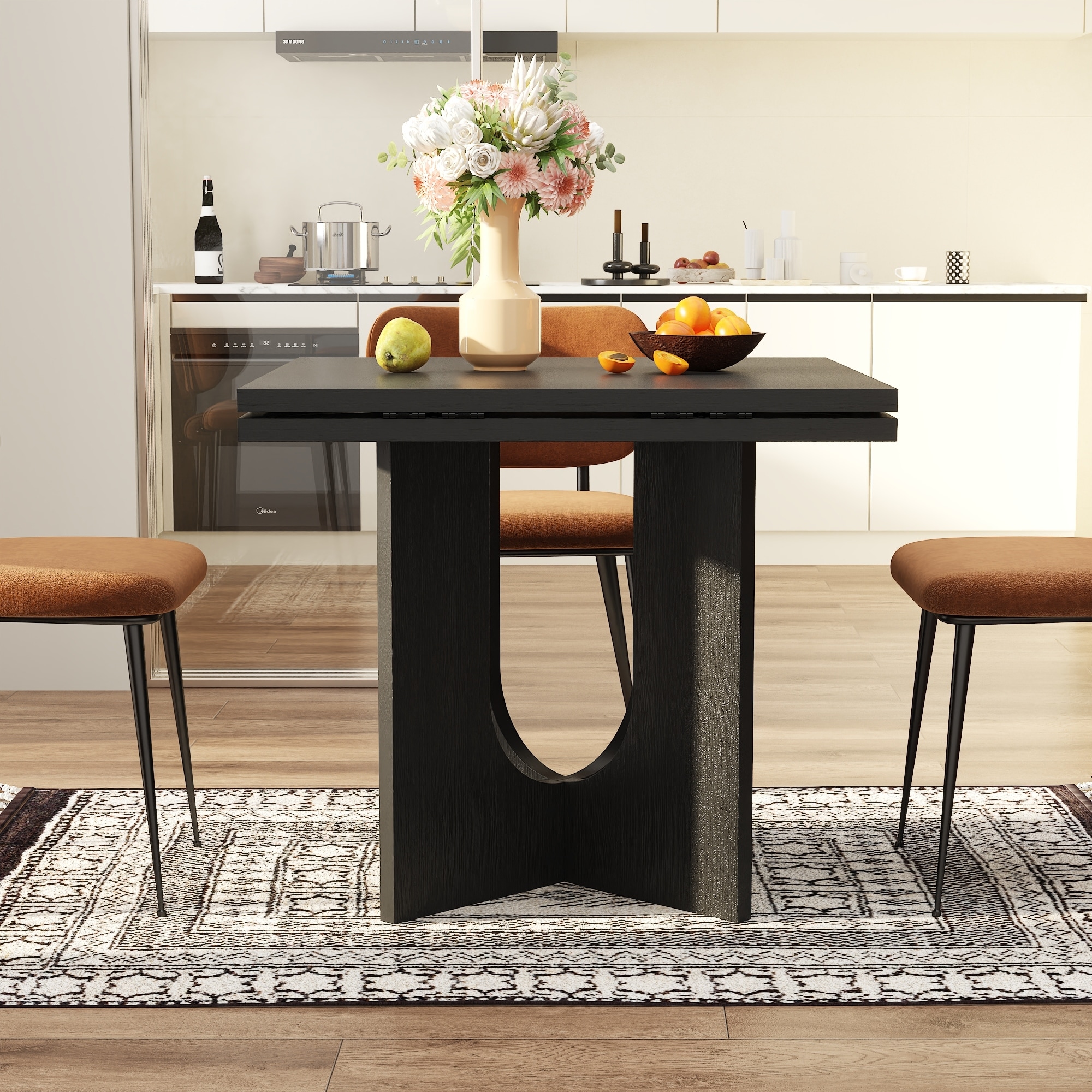 Folding Wood Grain Dining Table with Expandable Round Top Modern