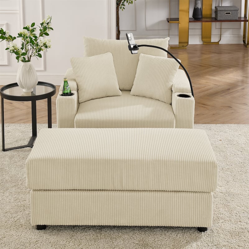 Corduroy Sofa Accent Chair & Ottoman Set, Single Chaise Lounge Couch with Storage Armrests, Cup Holders and Phone Stand - Beige