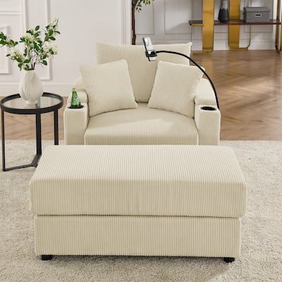 Corduroy Sofa Accent Chair & Ottoman Set, Single Chaise Lounge Couch with Storage Armrests, Cup Holders and Phone Stand