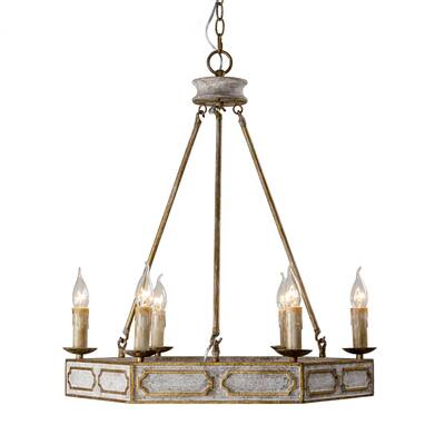 6-Light Antique White and Gold Wheel Chandelier - 26-in W x 28-in H