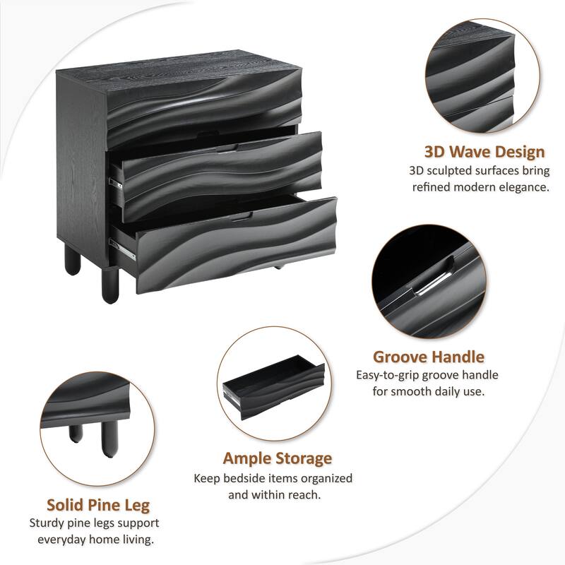 COZAYH Contemporary Wooden Nightstand Featuring 3D Wave Fronts, Modern Storage Dresser with Groove Handles