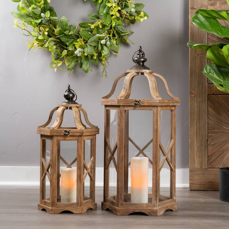 Wood and Metal Lantern (Set of 2) - 12 x 12 x 31; 9 x 9 x 23.5