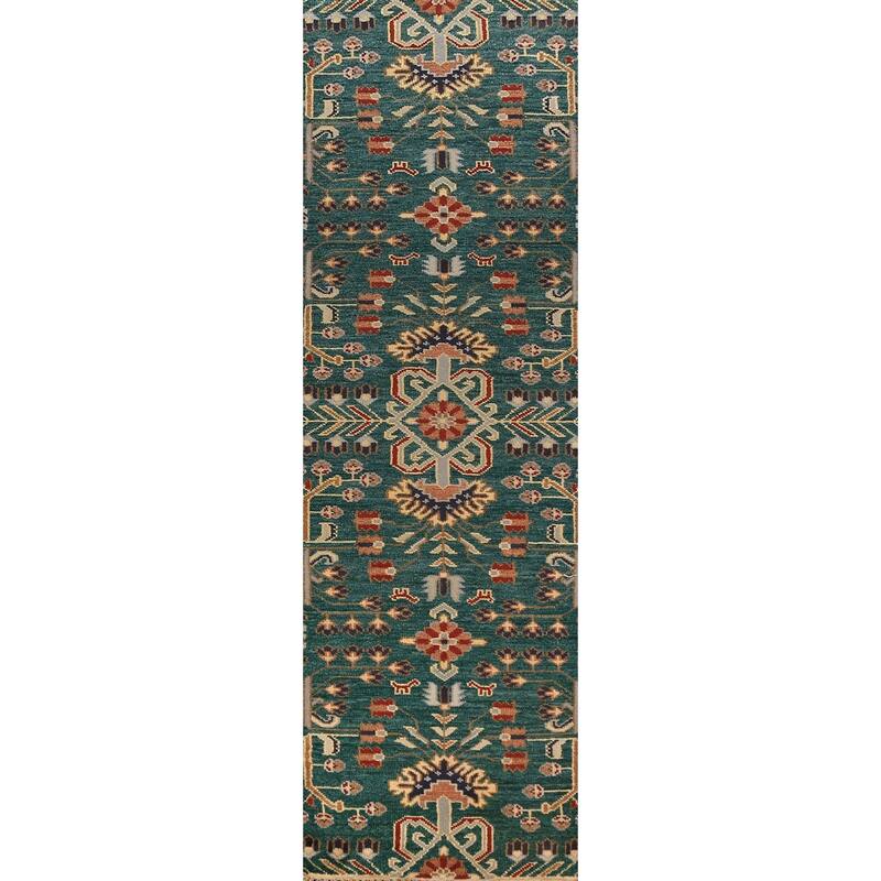 All-Over Green Kazak Indian Runner Rug Handmade Wool Carpet - 2'6"x 9'11"