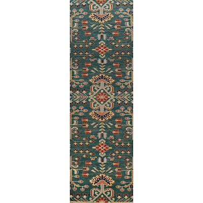 All-Over Green Kazak Indian Runner Rug Handmade Wool Carpet - 2'6"x 9'11"
