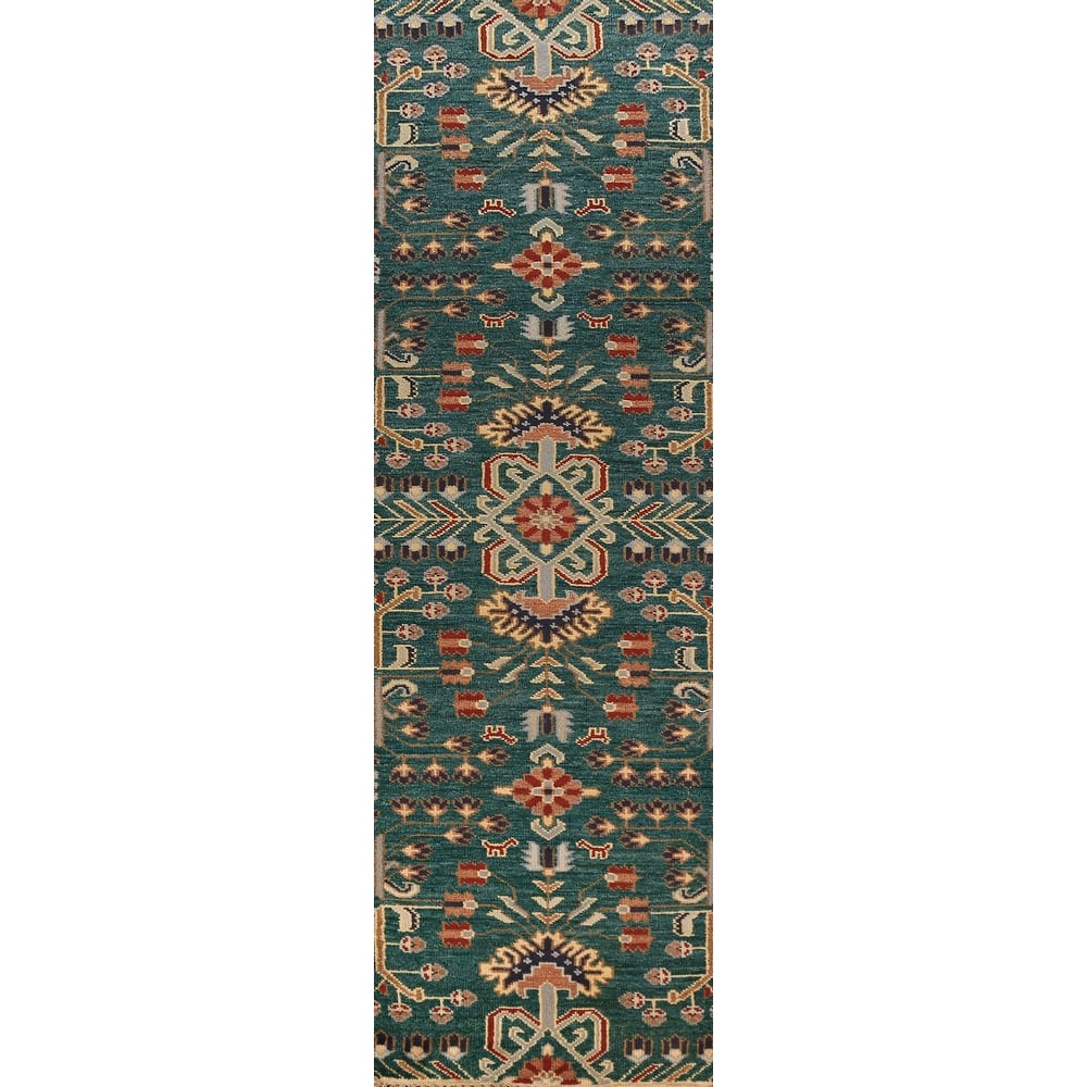 All-Over Green Kazak Indian Runner Rug Handmade Wool Carpet - 2'6"x 9'11"