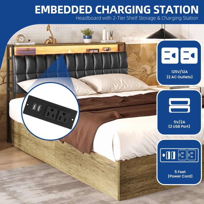 Moasis Lift-Up Storage Bed Frame with Charging Station & Storage Headboard